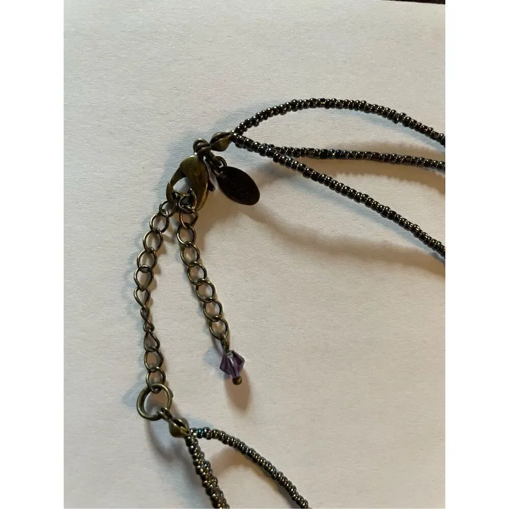 Lia Sophia  3 Strand Beaded Necklace Purple  and Black Stone.